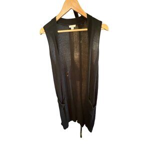J.Jill‎ Black Long Sleeveless Cardigan Duster Size Medium Pockets Linen Blend